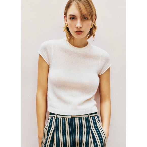 ME+EM Cream Merino Cashmere Silk Shrunken Baby Tee Knit Sweater Shirt Small - Picture 1 of 8